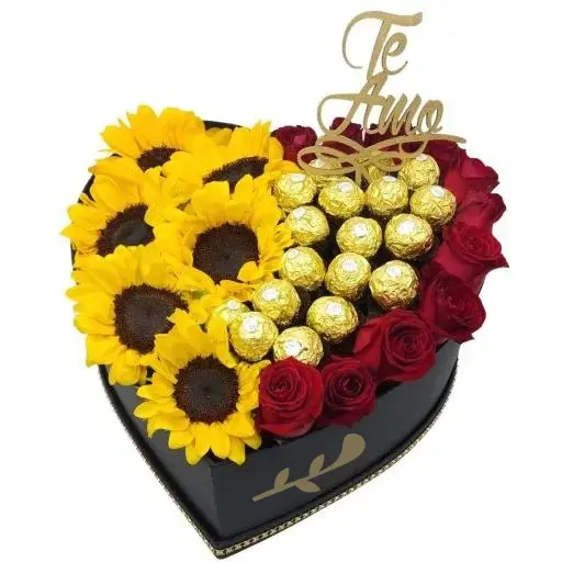 Caja corazon con flores rosas girasoles y rocher 